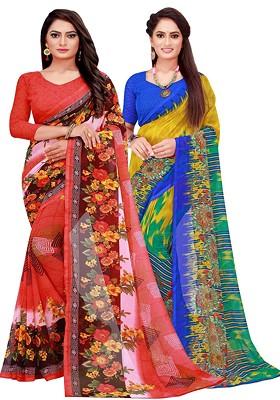 Red Floral Georgette Saree Set (Set Of 2)