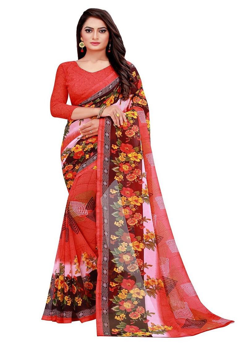 Red Floral Georgette Saree Set (Set Of 2)