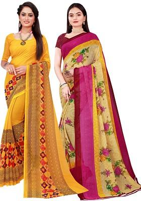 Yellow Printed Georgette Saree Set (Set Of 2)