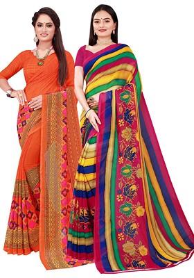 Yellow Printed Georgette Saree Set (Set Of 2)