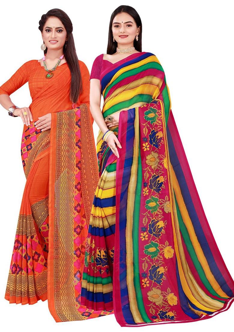Yellow Printed Georgette Saree Set (Set Of 2)