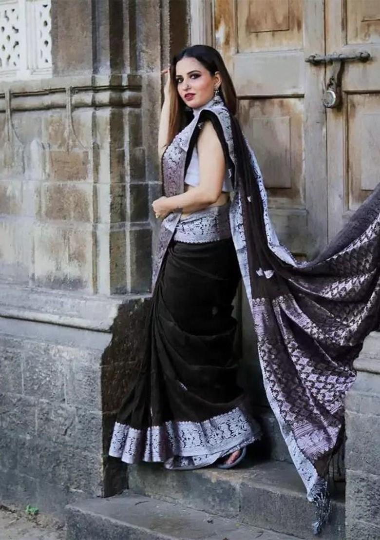 Black woven Silk Saree Set