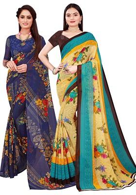 Navy Blue Floral Georgette Saree Set (Set Of 2)