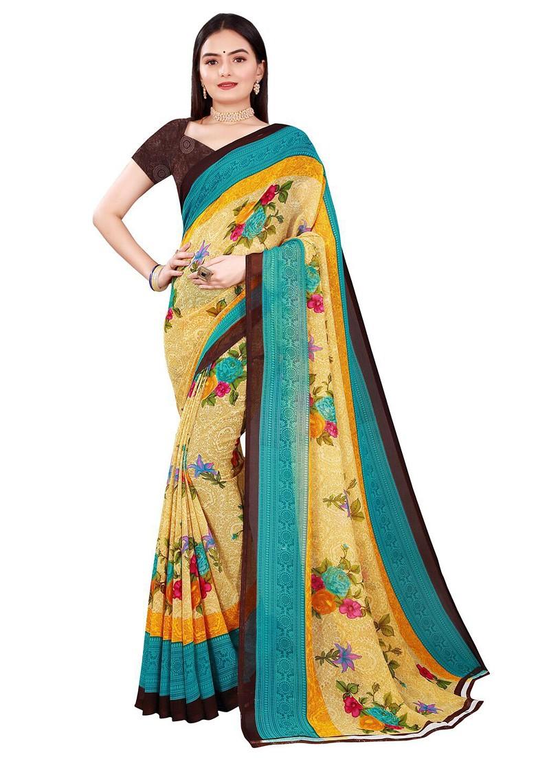 Navy Blue Floral Georgette Saree Set (Set Of 2)