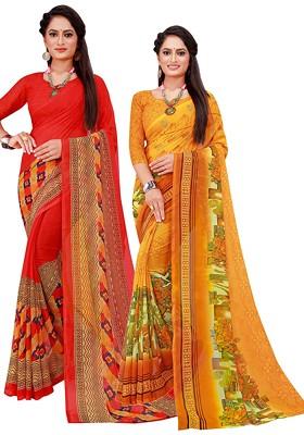 Yellow Floral Poly Blend Saree Set (Set Of 2)