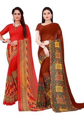 Red Embroidered Georgette Saree Set (Set Of 2)