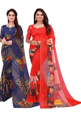 Red Embroidered Georgette Saree Set (Set Of 2)