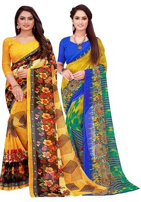 Yellow Floral Georgette Saree Set (Set Of 2)