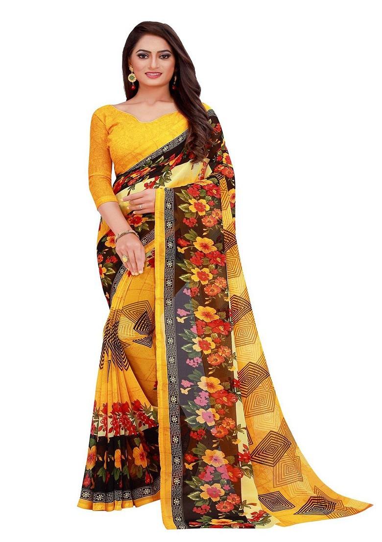 Yellow Floral Georgette Saree Set (Set Of 2)