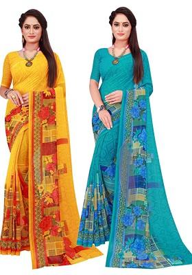 Turquoise Blue Embroidered Georgette Saree Set (Set Of 2)