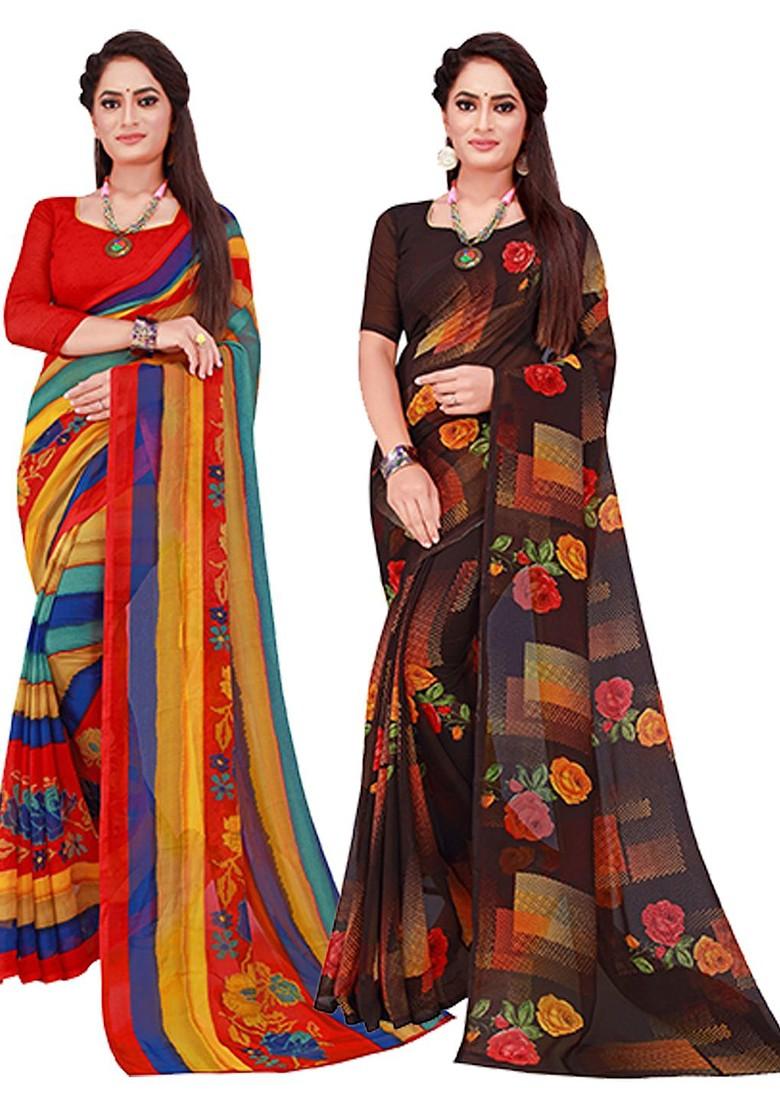 Red Printed Georgette Saree Set (Set Of 2)