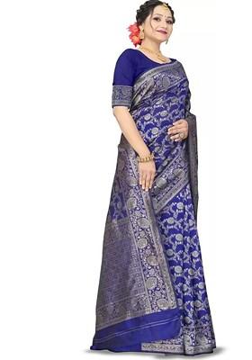 Navy Blue woven Silk Saree Set