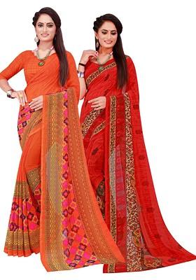 Orange Floral Georgette Saree Set (Set Of 2)