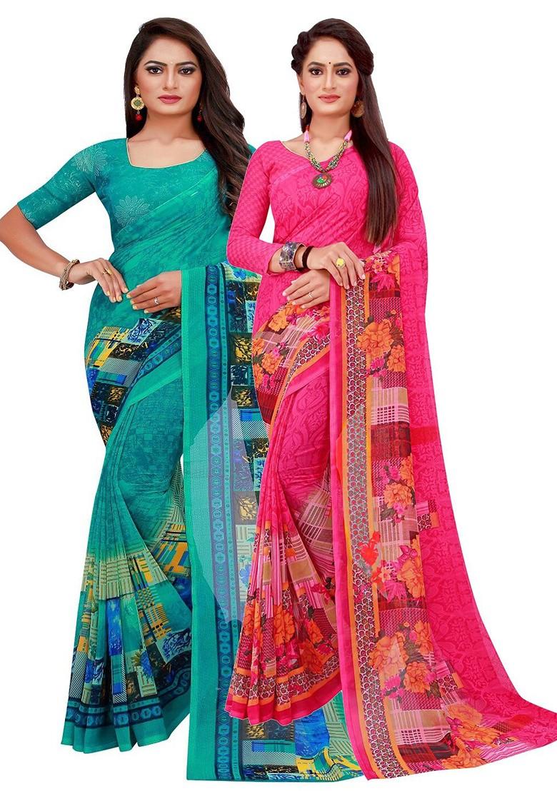 Magenta Floral Georgette Saree Set (Set Of 2)