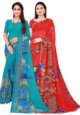 Red Floral Georgette Saree Set (Set Of 2)