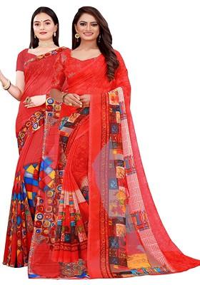 Red Embroidered Georgette Saree Set (Set Of 2)