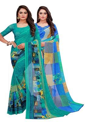 Teal Green Geometric Print Georgette Saree Set (Set Of 2)