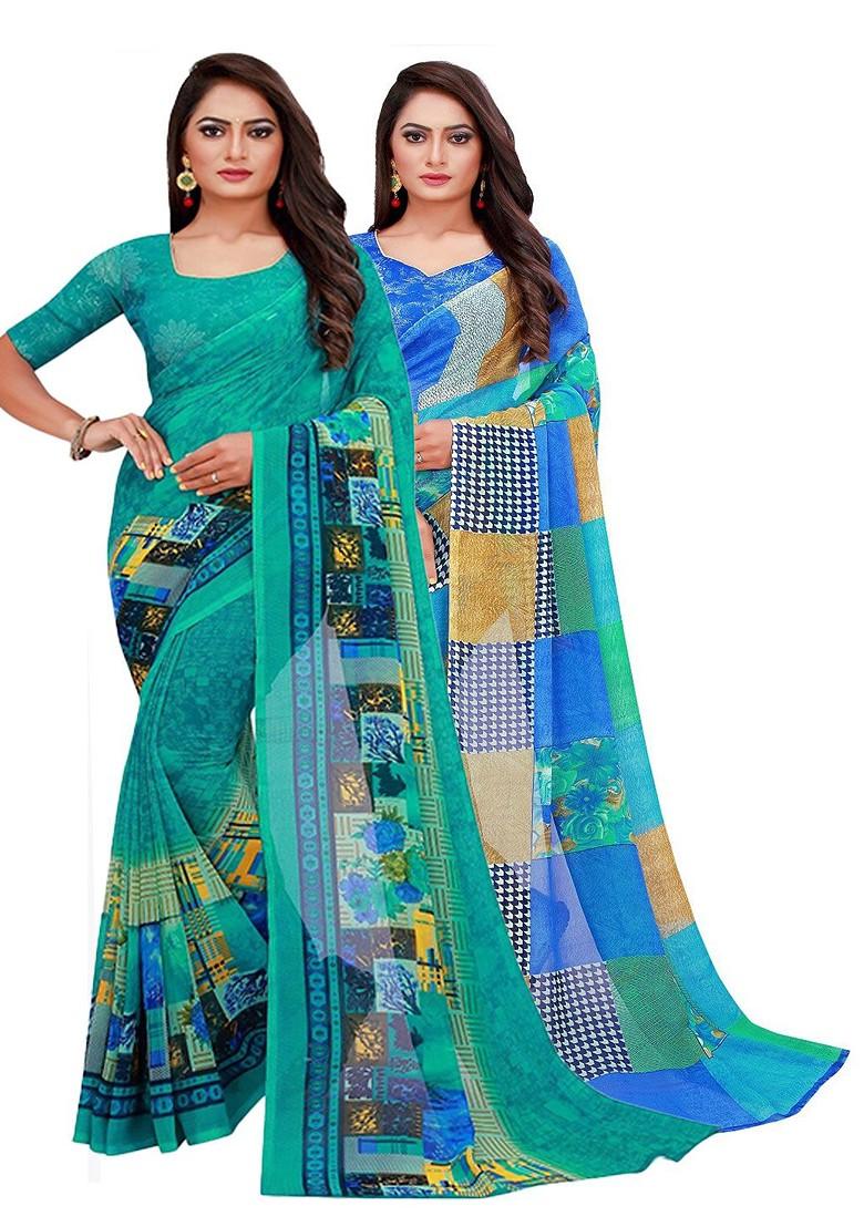 Teal Green Geometric Print Georgette Saree Set (Set Of 2)