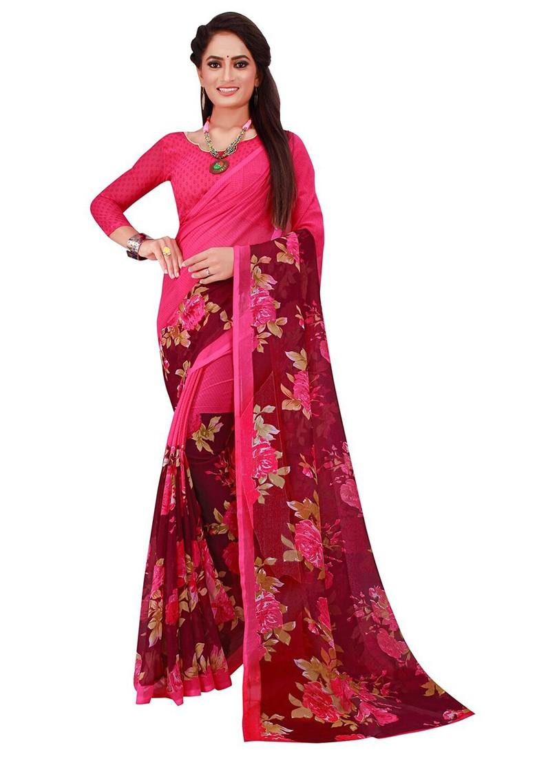 Magenta Embroidered Georgette Saree Set