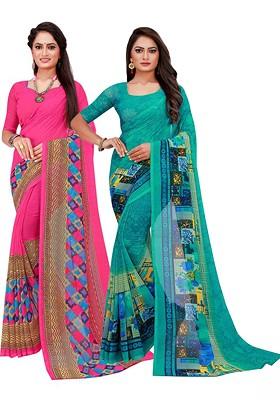 Turquoise Blue Embroidered Georgette Saree Set