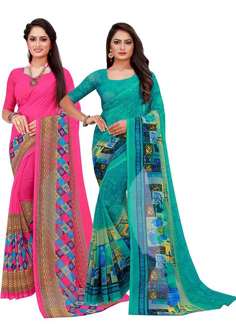 Turquoise Blue Embroidered Georgette Saree Set