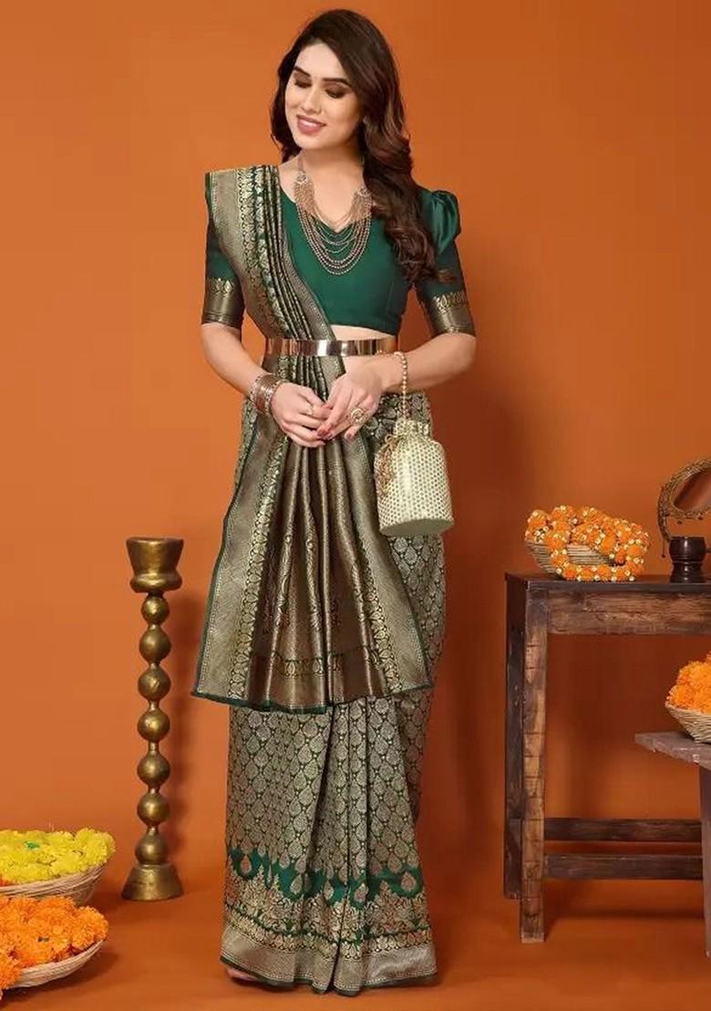 Green woven Silk Saree Set