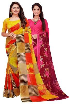Magenta Floral Georgette Saree Set (Set Of 2)