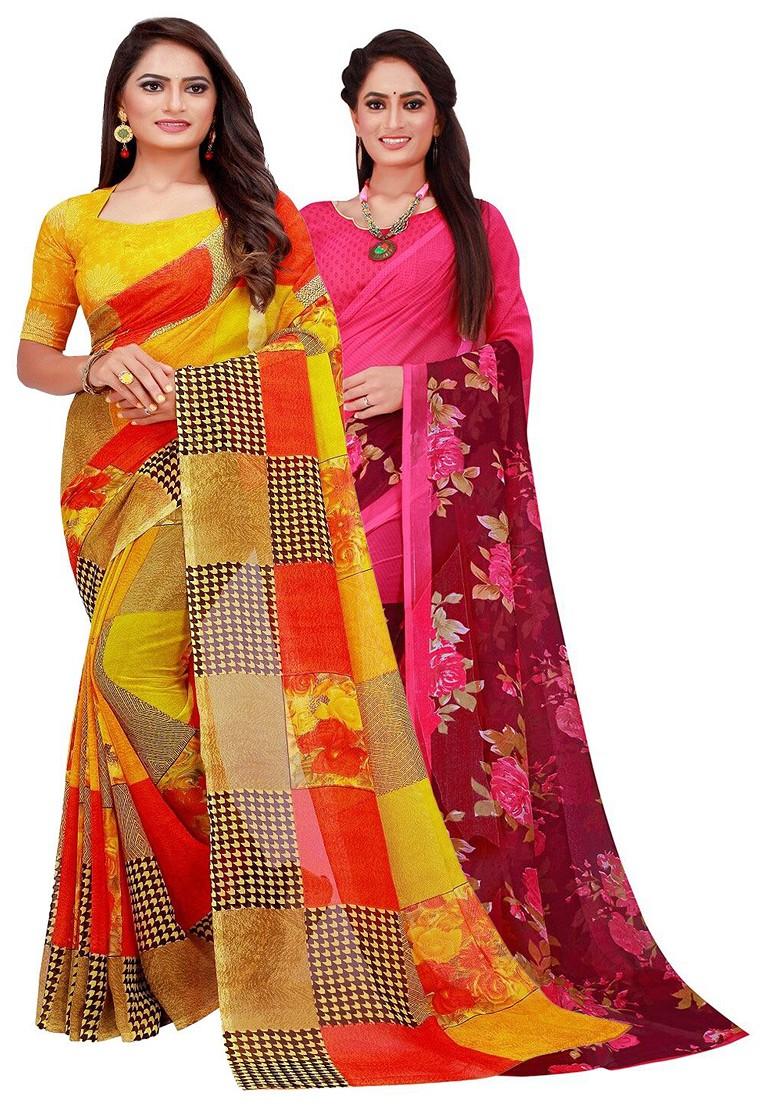 Magenta Floral Georgette Saree Set (Set Of 2)