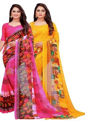 Pink Floral Georgette Saree Set (Set Of 2)