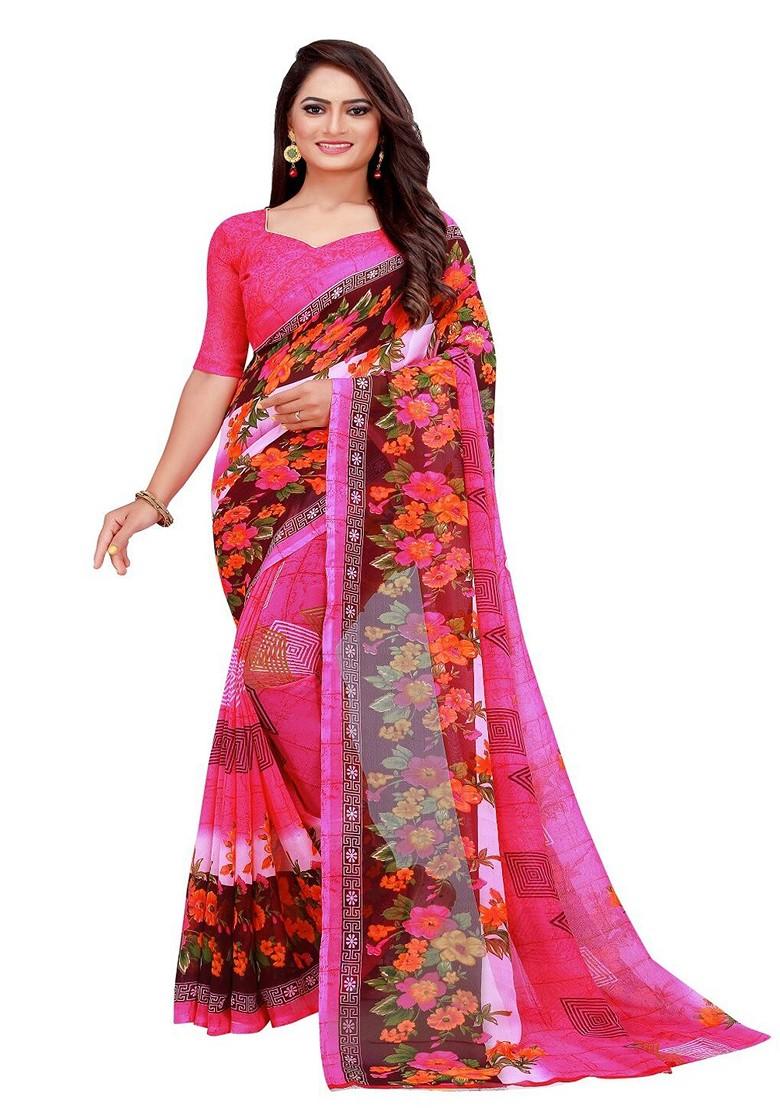 Pink Floral Georgette Saree Set (Set Of 2)