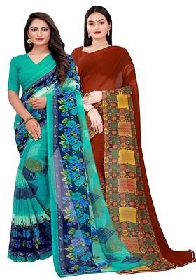 Green Floral Georgette Saree Set (Set Of 2)