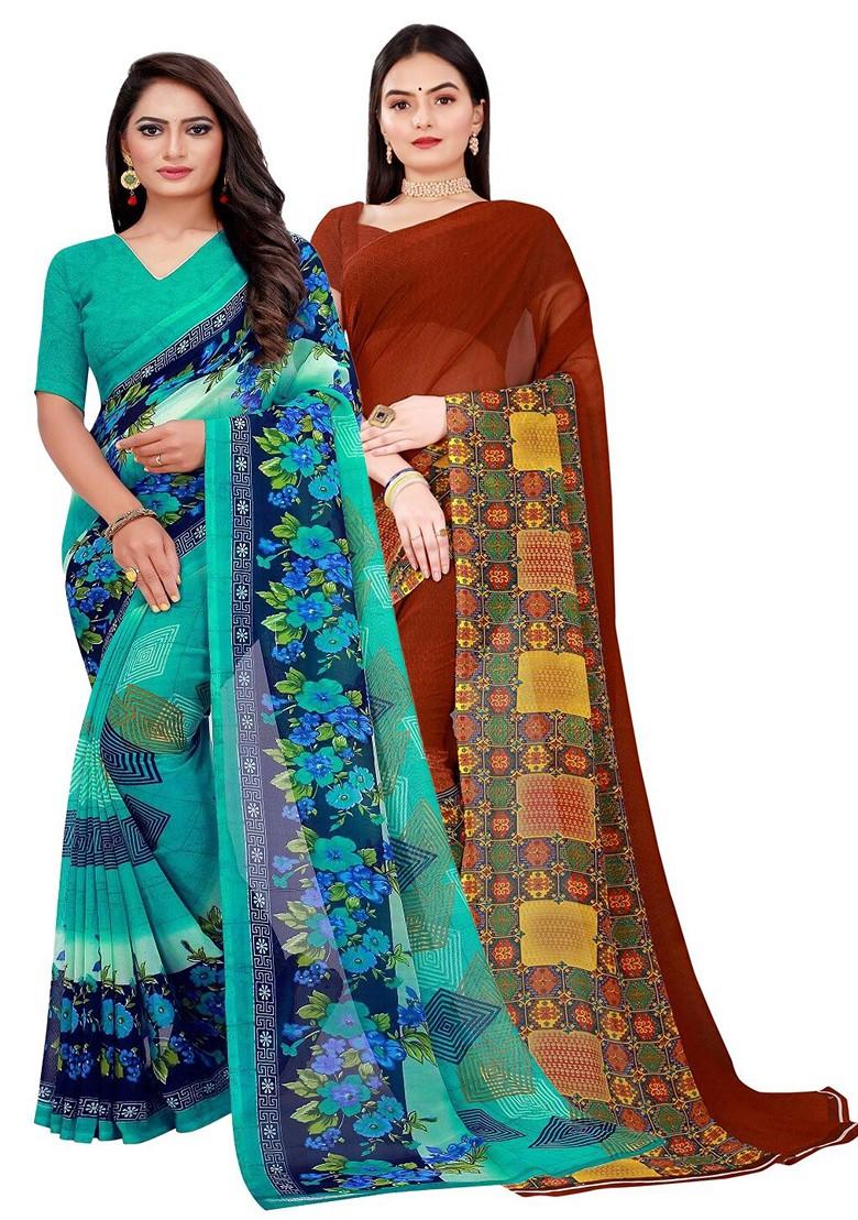 Green Floral Georgette Saree Set (Set Of 2)