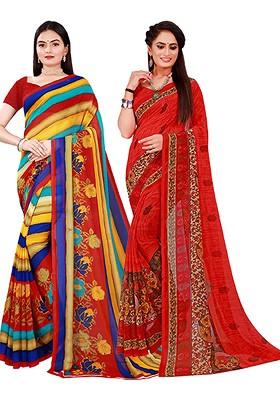 Red Printed Georgette Saree Set (Set Of 2)