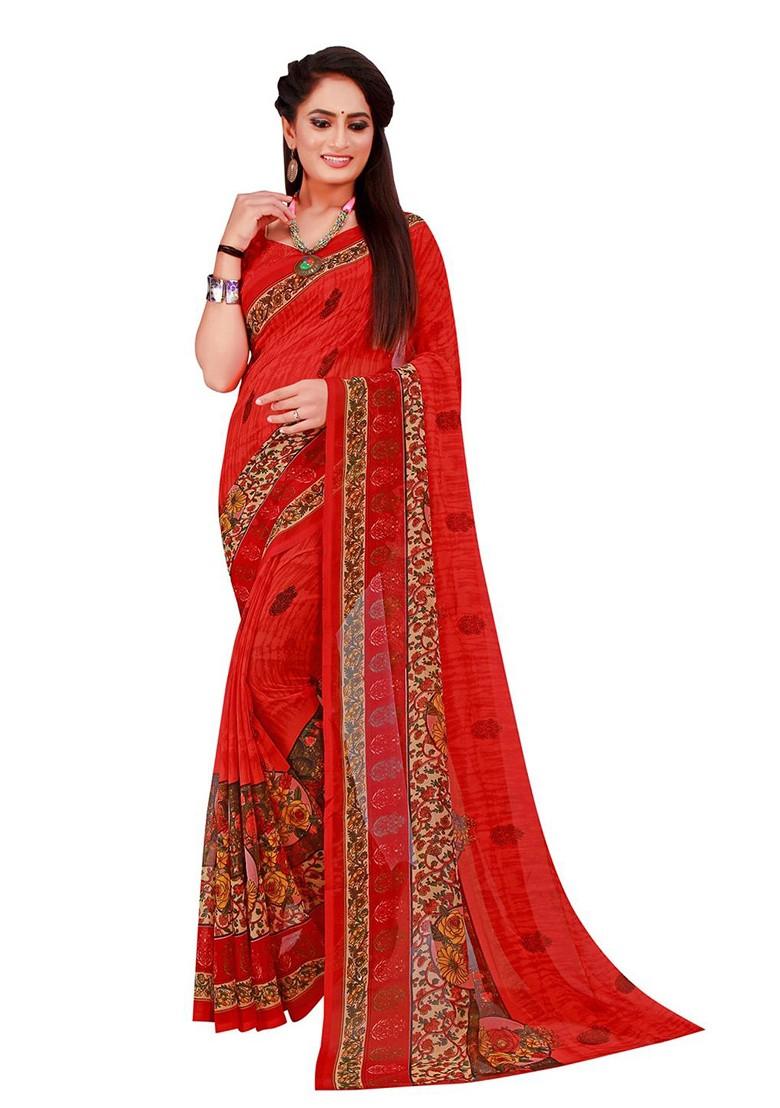 Red Printed Georgette Saree Set (Set Of 2)