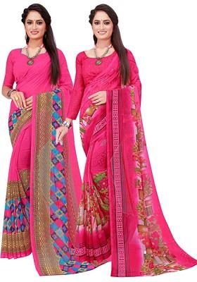 Pink Floral Georgette Saree Set (Set Of 2)
