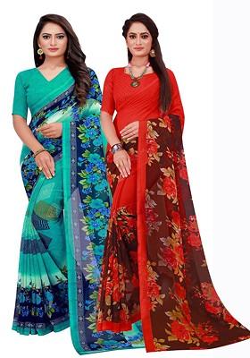Blue Floral Georgette Saree Set (Set Of 2)