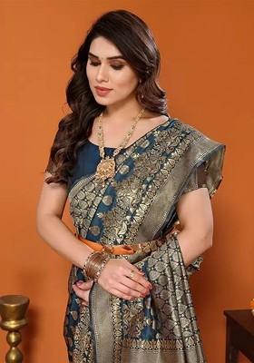 Blue woven Silk Saree Set