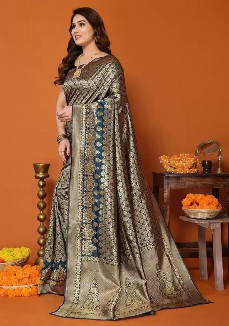 Blue woven Silk Saree Set