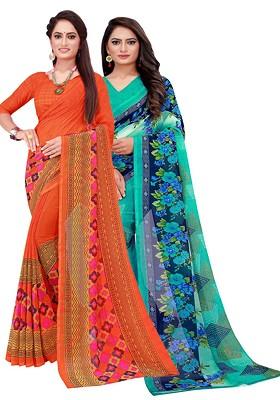 Turquoise Blue Floral Georgette Saree Set (Set Of 2)