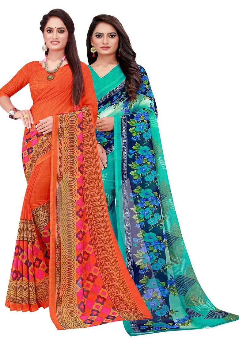 Turquoise Blue Floral Georgette Saree Set (Set Of 2)