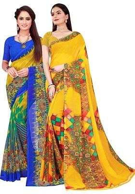 Yellow Embroidered Georgette Saree Set (Set Of 2)