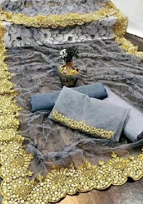 Grey Embellished Net Saree Set