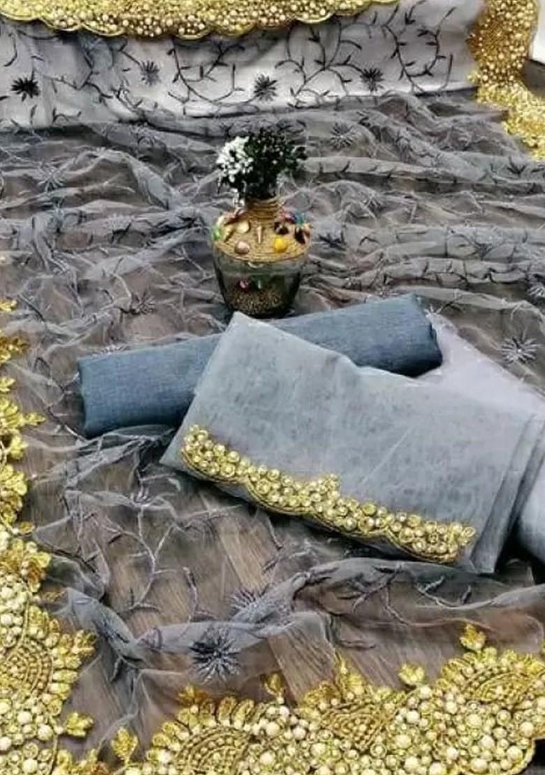 Grey Embellished Net Saree Set