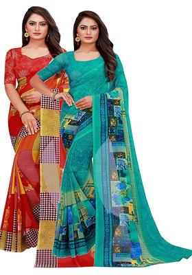 Teal Green Printed Georgette Saree Set (Set Of 2)