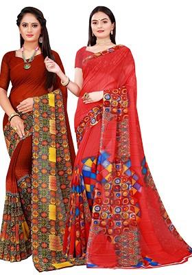 Red Printed Georgette Saree Set (Set Of 2)