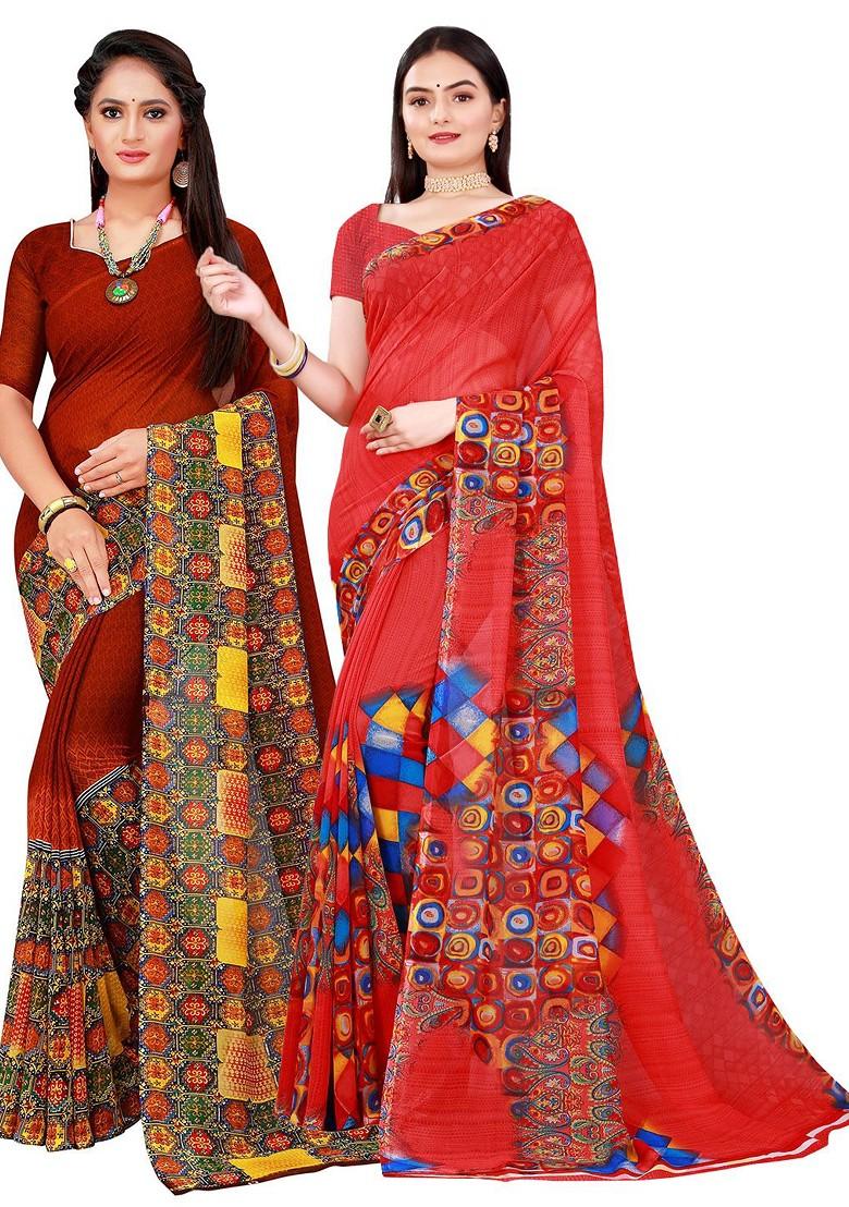 Red Printed Georgette Saree Set (Set Of 2)