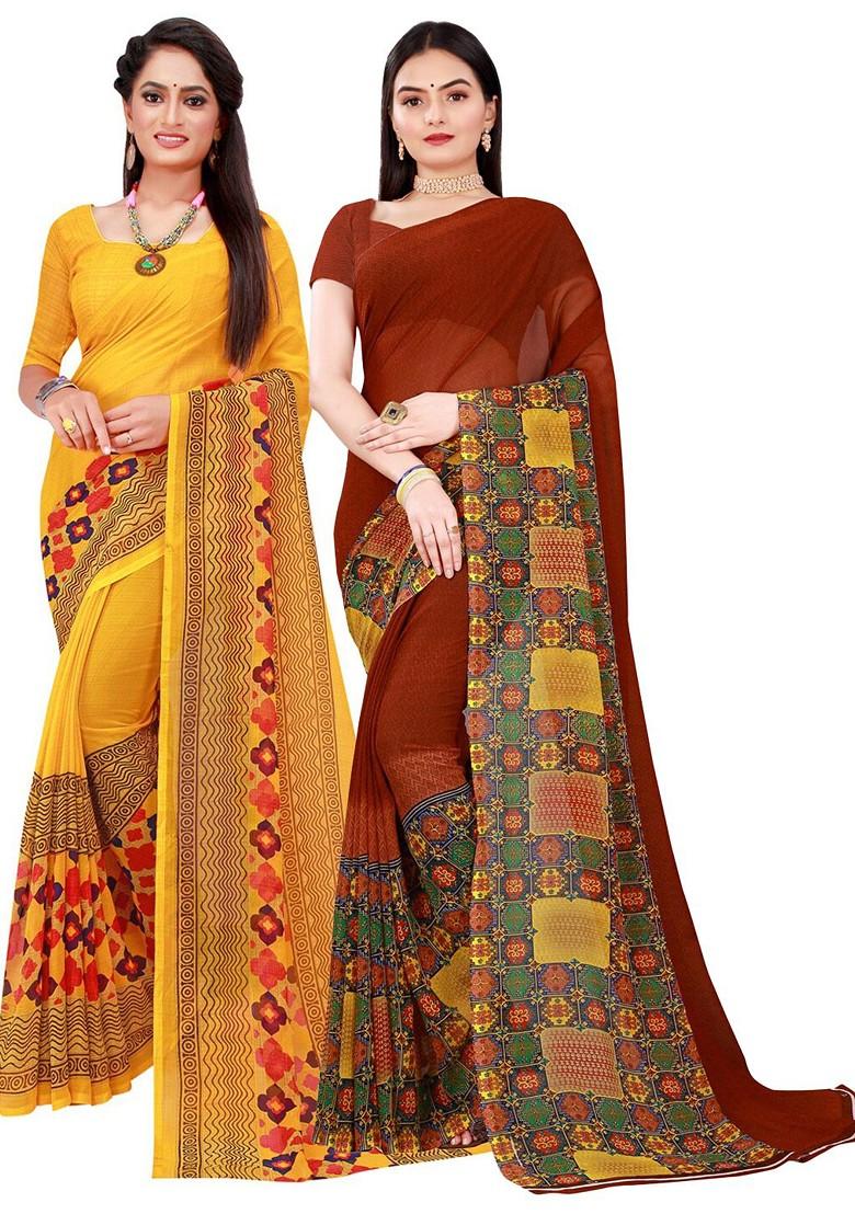 Yellow Embroidered Georgette Saree Set (Set Of 2)
