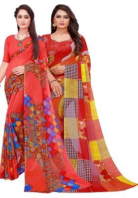 Red Printed Georgette Saree Set (Set Of 2)