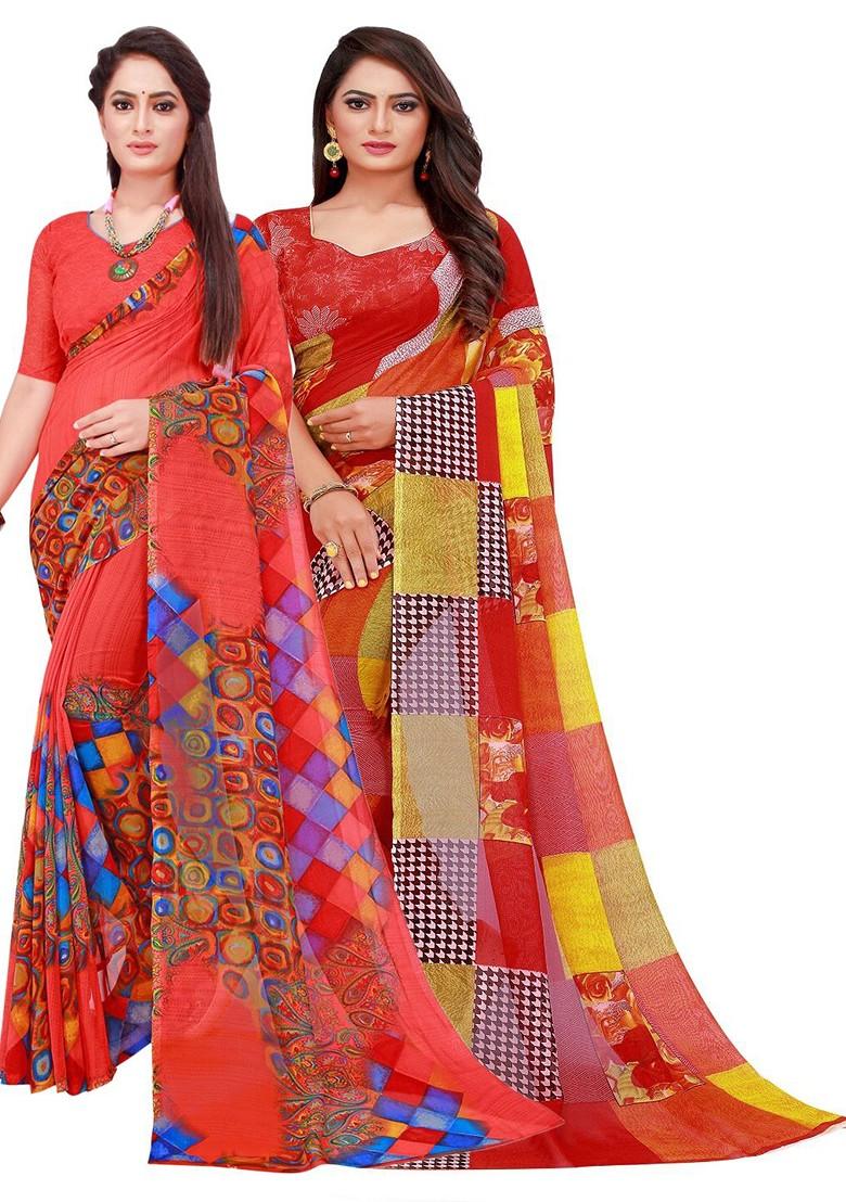 Red Printed Georgette Saree Set (Set Of 2)