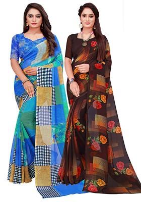 Blue Embroidered Georgette Saree Set (Set Of 2)